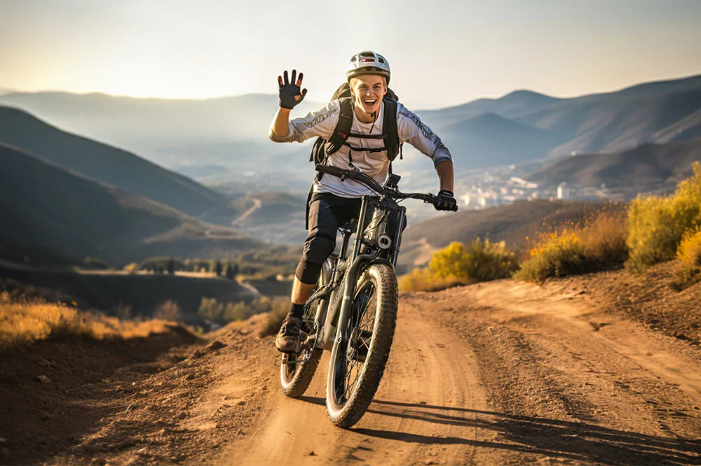 Shengmilo S600 full-suspension mountain e-bike ridden down sunlit dirt trail in golden hills