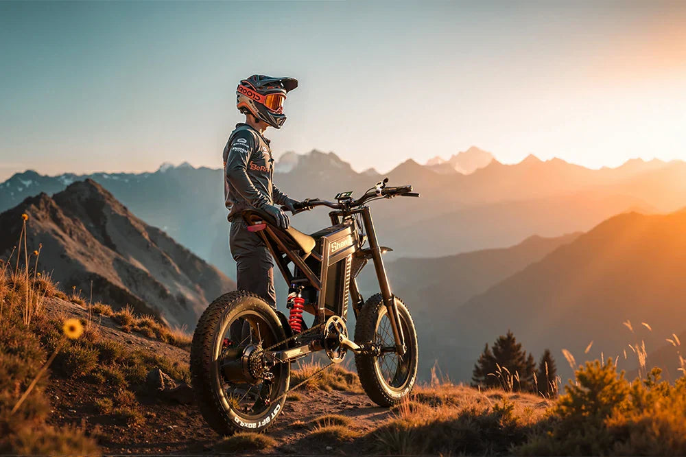 Side profile shot of rider in full gear standing beside Shengmilo S900 heavy-duty off-road e-bike on mountain ridge at golden sunset.