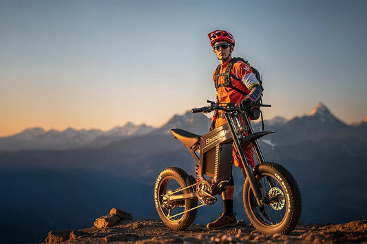 Shengmilo S900 high-performance off-road e-bike with a rider standing atop a mountain at sunset.