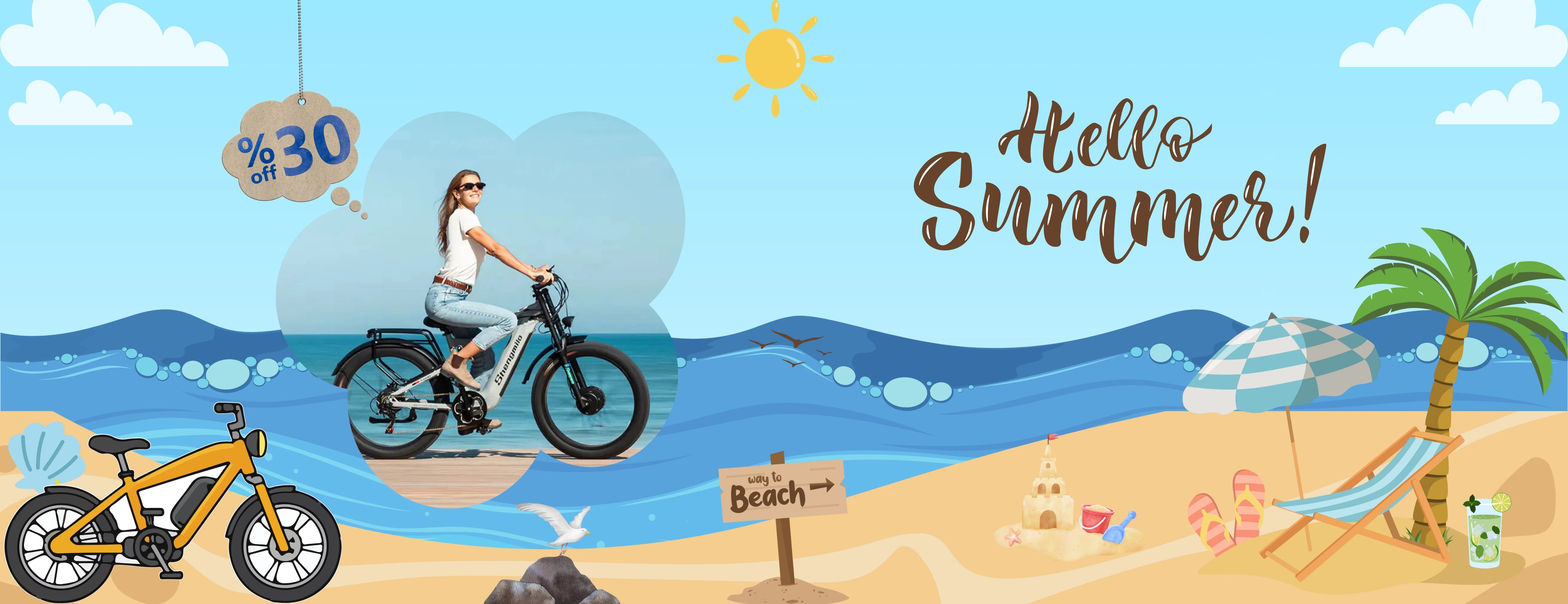 Shengmilo Hello Summer promotional banner with seaside beach background, 30% discount on full-suspension fat tire electric bicycle, female riding Shengmilo e-bike on coastal road, tropical palm, lounge chair and beach elements for summer outdoor cycling campaign
