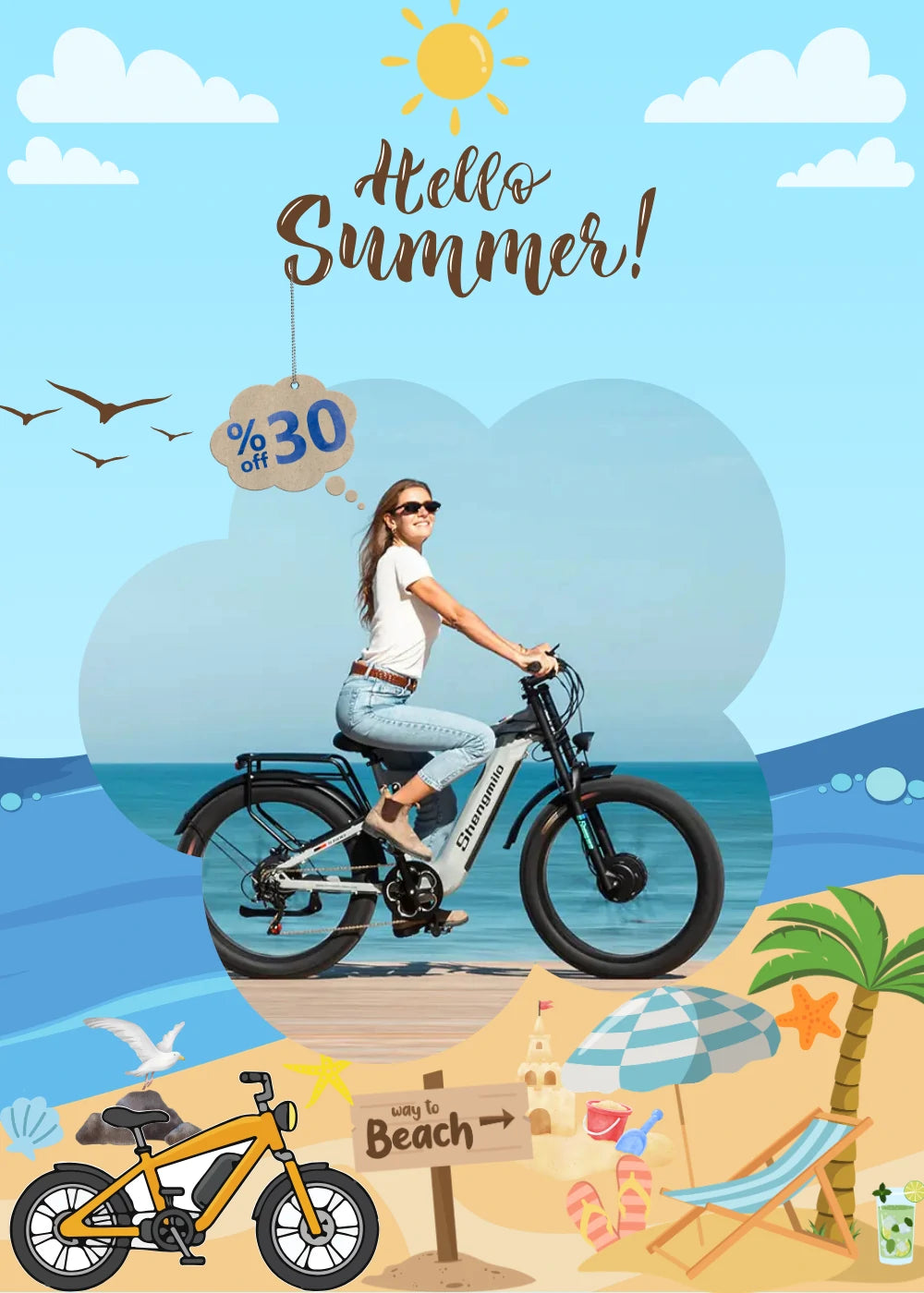 Shengmilo Hello Summer discount banner, 30% OFF full suspension fat tire e-bike, woman riding Shengmilo electric bike along coastal beach, tropical palm, beach umbrella and seaside cartoon elements for summer outdoor cycling promotion