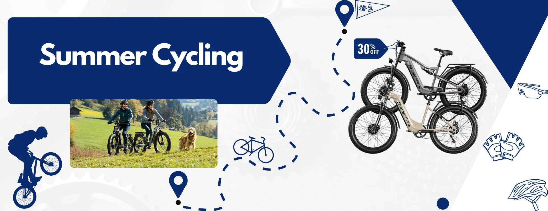 Summer Cycling wide website banner for Shengmilo fat tire e-bikes, 30% off promotion, couple mountain cycling scene, blue travel cycling graphic design.