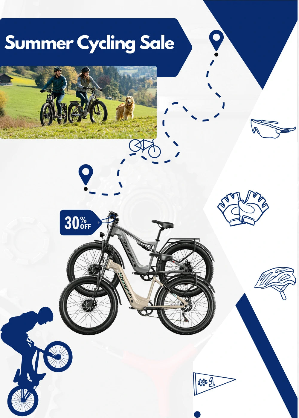 Summer Cycling Sale vertical e-commerce banner for Shengmilo fat tire electric bikes, 30% off discount tag, couple outdoor riding lifestyle photo, navy blue cycling line icon decor.