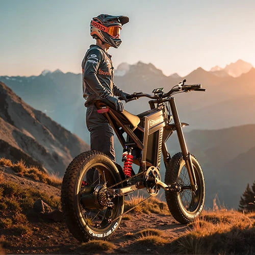 Shengmilo S900 high-power motor-style electric off-road bike, rider with full protective helmet beside ebike on mountain hillside, sunset alpine mountain landscape for extreme outdoor sports promotion