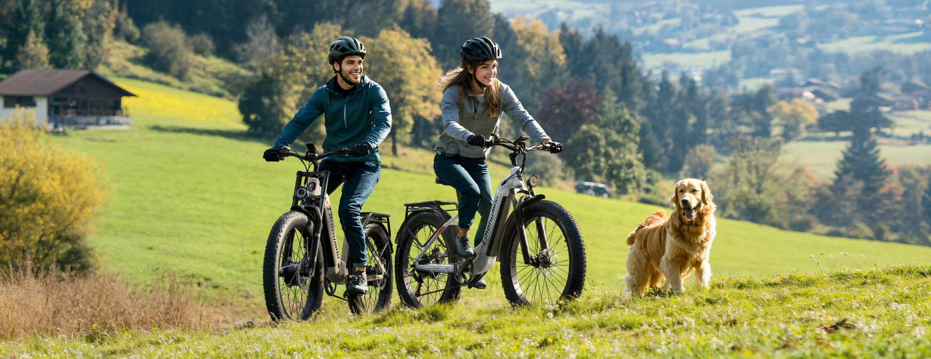 Two riders cruise on Shengmilo S700 fat-tire electric bikes (black & white frames) across a lush alpine meadow, with a golden retriever trotting alongside and rolling green hills plus woodland scenery stretching in the background.